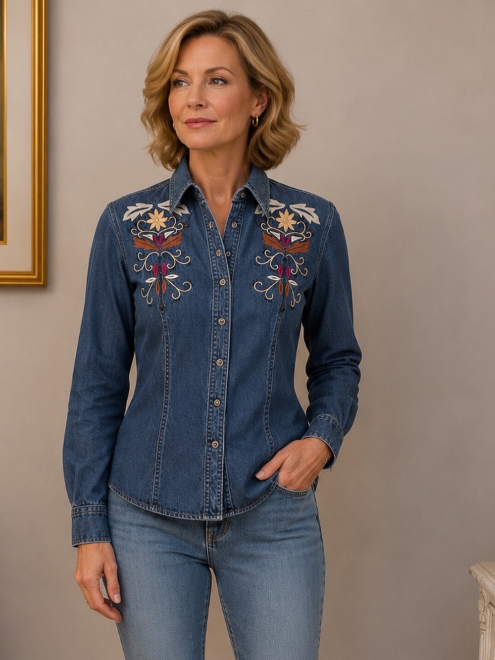 VTG Hairston Roberson ROPA
Western Denim Button Up
Shirt Women Sz S Embroidered